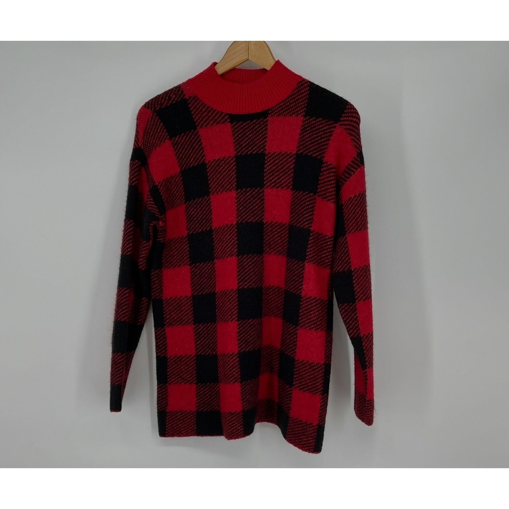 LOFT Red Black Plaid Wool Blend Sweater Size Petite M Preppy Holiday‎ Christmas